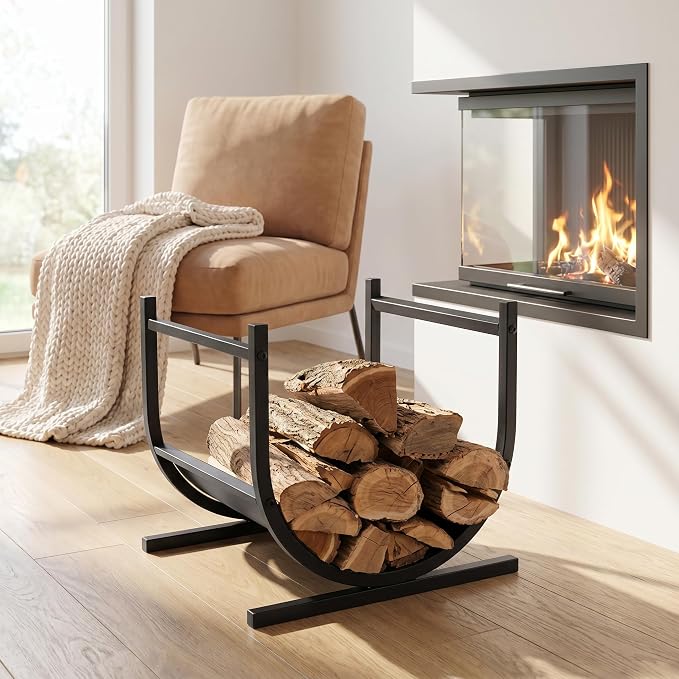 Firewood Rack Outdoor, 17 Inch U-shaped Firewood Storage Log Rack with Integrated Hooks, Wood Rack for Indoor Fireplace & Balcony (Black)