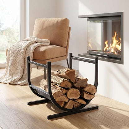 Firewood Rack Outdoor, 17 Inch U-shaped Firewood Storage Log Rack with Integrated Hooks, Wood Rack for Indoor Fireplace & Balcony (Black)