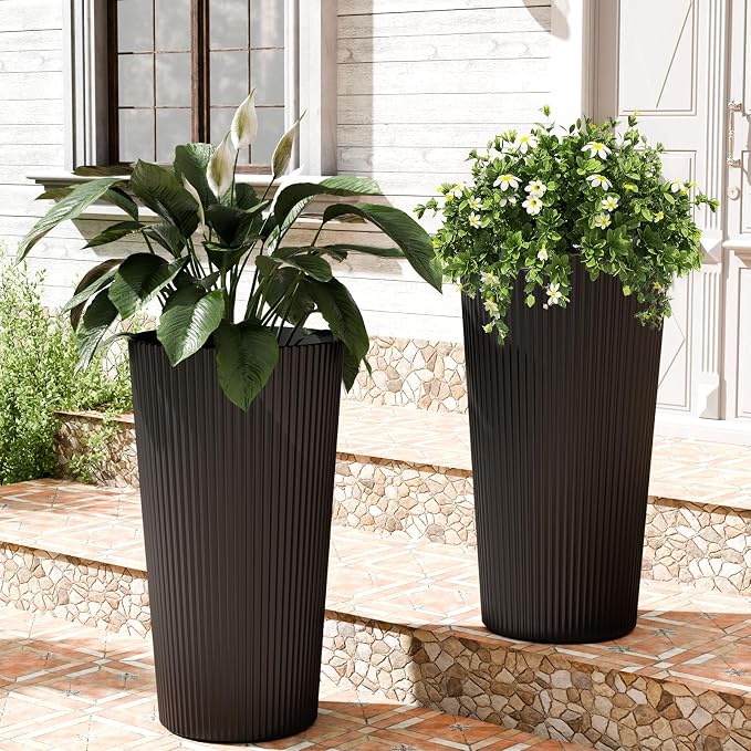 24" Black Outdoor Planter Set of 2, Tall Planters for Outdoor Plants with Drainage Hole, Large Flower Pots for Indoor Plants, Front Porch Decor/Patio, Plastic Striped