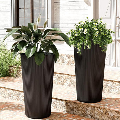 24" Black Outdoor Planter Set of 2, Tall Planters for Outdoor Plants with Drainage Hole, Large Flower Pots for Indoor Plants, Front Porch Decor/Patio, Plastic Striped
