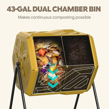 Werph 43 Gal Outdoor Compost Bin for Garden & Kitchen Waste, Yellow | Fast Assembly, Dual Chamber with Aeration System, 360° Rotating, Tumbling Composting Bin for Kitchen, Garden, Yard