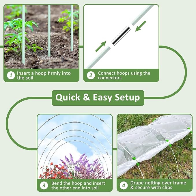 60Pcs Greenhouse Hoops for Raised Beds, Rust-Free Fiberglass | Garden Hoops Grow Tunnel Wide, 8FT Heavy Duty Plant Support Hoops with Flush Connectors & 24pcs Clips for Netting Row Cover