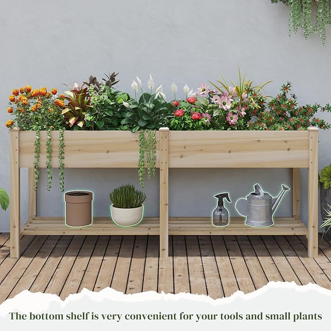 72x24x30.5in Raised Garden Bed Elevated Wood Planter Box with Shelf Garden Planter with Legs for Backyard, Patio, Balcony w/Divider Liner, 300lb Capacity -(Natural)