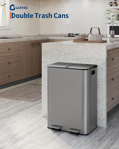 Dual Kitchen Trash Can 2x8 Gal Fingerprint-Proof Stainless Steel Matte Grey | 2 Removable Inner Buckets Step Pedal Soft-Close Lid 2x30L Double Compartment Garbage Can Recycling Bin Modern Kitchens