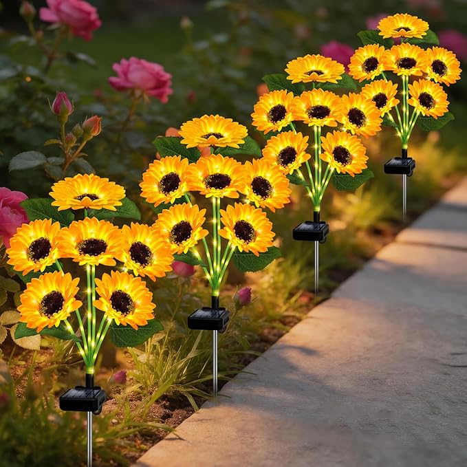 Solar Lights Outdoor Garden Decor,4 Pack with 24 Sunflower Lights,Solar Flowers Lights Waterproof,Birthday Gifts for Mom Women Grandma,Outside Decorative Stakes Light for Landscape Yard Patio Lawn