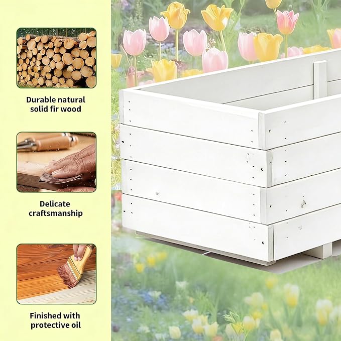 Fir Wood Raised Garden Bed Rectangular Planter for Outdoor Tomato Planter | For Herbs & Flowers Garden Includes Fabric Planter Liner, 4 Drainage Holes