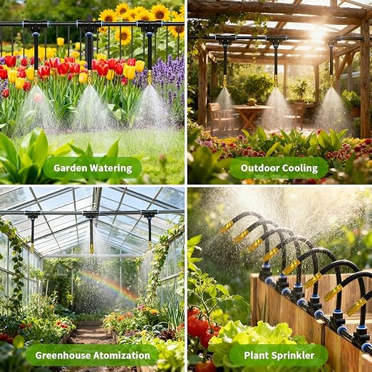 120FT Sprayer Irrigation System, Drip Irrigation Kit with 30 PCS 360° Adjustable Misting Copper Nozzles for Garden, Lawn, Patio, Greenhouse