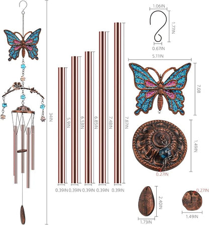 Blue Butterfly Wind Chimes - Wind Chimes for Outside Deep Tone 34 inches 5 Aluminum Tubes, Birthday, Memorial, Butterfly Gifts for Mom, Grandma, Daughter, Decor for Home, Garden, Patio, Backyard