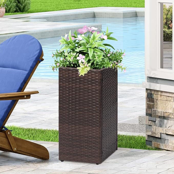 SUNNYPARK 2 Pack Tall Planters for Outdoor Rattan Square Box 12x12x24inch | All-Weather, Handmade PE Rattan, Removable Liner, Indoor Outdoor, Patio Porch Garden, Modern Design for Plants Flowers