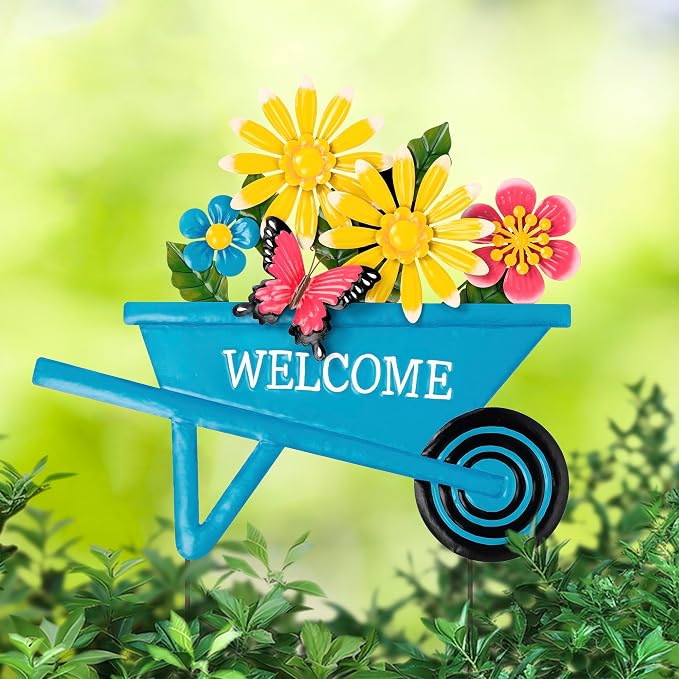 Glitzhome Cart Decorative Garden Stakes, Spring Metal Yard Decor with Lifelike Flower or Wall Decor, Flower Barrow Stake Garden Signs for Outside, 30” H