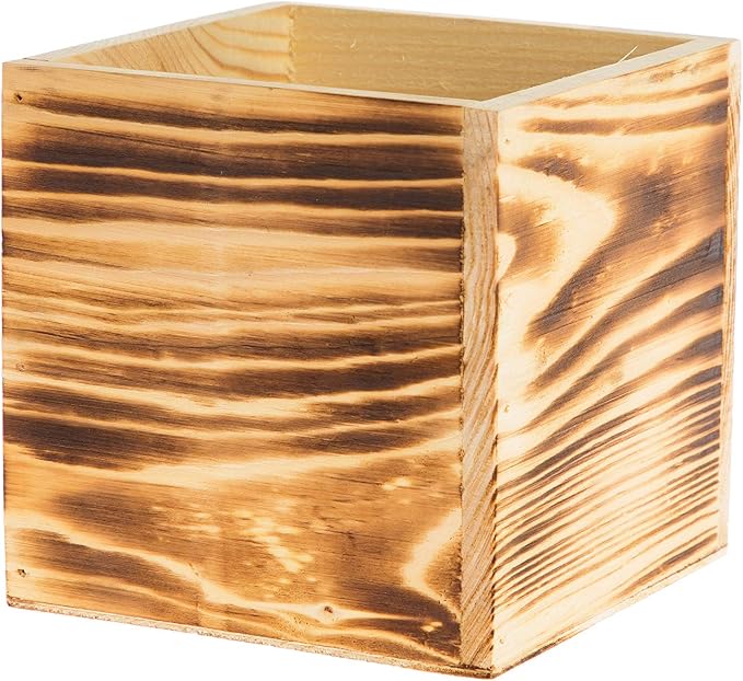 Wooden Planter Box, Rustic Burned Wood/Whitewash with Plastic Liner l Garden Decor l Restaurant and Wedding Decorations l Wood Box (5x5 Set of 4, Burned Wood)
