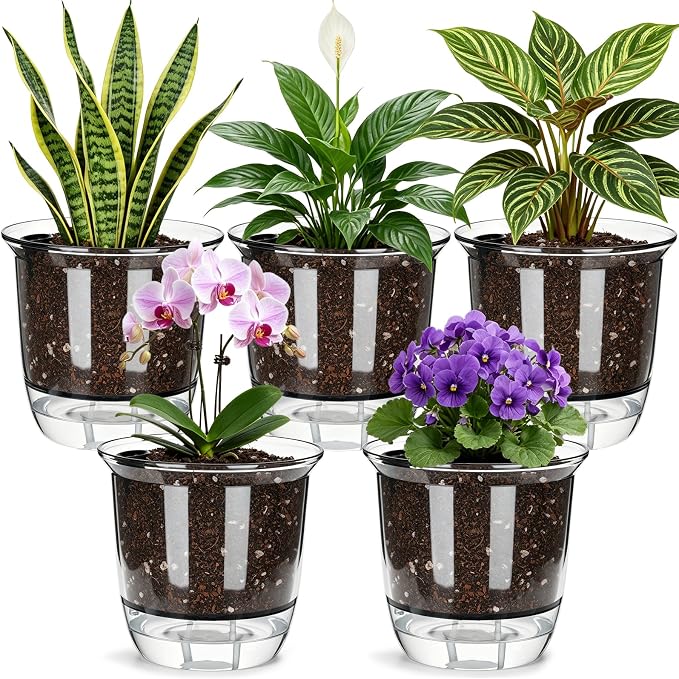 Self Watering Pots Set, 5 Pack 5 Inch Self Watering Pots for Indoor Plants, Clear Planter Pot with Deep Reservoir for Spider Plant, Orchid, African Violet (5Pcs Large)