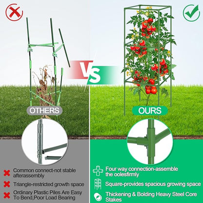 WLLEYAY 3 Pack Tomato Cages, Square Tomato Plant Stakes Support Cages Trellis, 50 * 17 * 17in Heavy Duty Steel Plant Tower Stakes Cucumber Trellis for Garden Climbing Vegetables Flowers Fruits, Bold