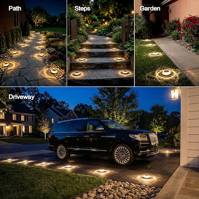 Solar Driveway Lights 12 Pack, Solar Deck Lights Outdoor IP67 Waterproof, 3000K Warm White Solar Ground Lights Landscape Path Lighting for Step Sidewalk Stair Garden Ground Pathway Yard