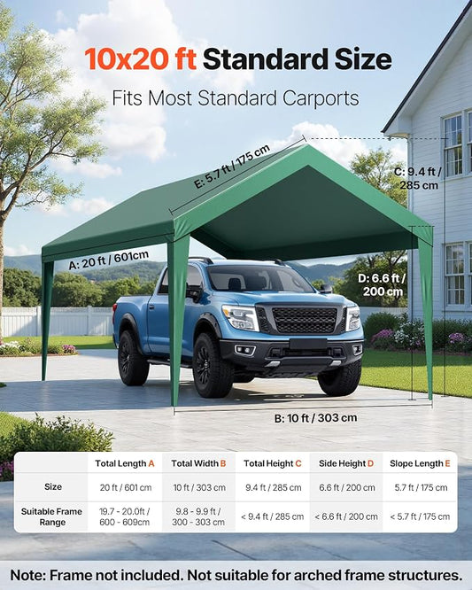 VEVOR Carport Replacement Canopy, 10 x 20 ft Potable Garage Tent Top Tarp, UV-Resistant & Waterproof Car Shelter Tarp, Heavy Duty Car Port Cover with Ball Buggees, Dark Green, Frame Not Included