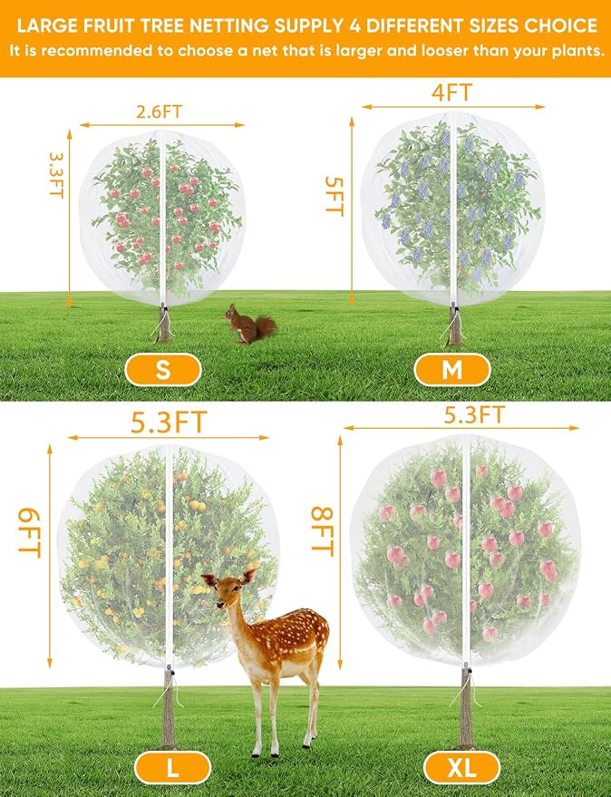 VITI Fruit Tree Netting for Cicadas - with 4Pcs 8Ftx5.3Ft Zipper&Drawstring Protection for Your Fruit Trees Garden Bird Netting Covers Blueberry Bush Tomato Bug Plant Protection Cherry Apple Tree