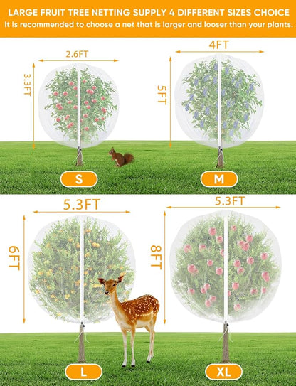 VITI Fruit Tree Netting for Cicadas - with 4Pcs 3.3Ftx3.3Ft Zipper&Drawstring Protection for Your Fruit Trees Garden Bird Netting Covers Blueberry Bush Tomato Bug Plant Protection Cherry Apple Tree