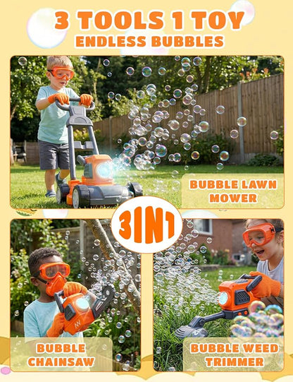 3-in-1 Bubble Lawn Mower for Kids, Electric Bubble Blower with 10 Bubble Solution, Includes Goggles Mask Gloves Ruler, Summer Bubble Toy for Kids
