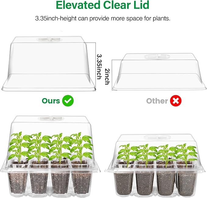 Bonviee 5 Packs Seed Starter Tray with Grow Light, Elevated Seedling Starter Trays Kits with Adjustable Humidity Domes and Clear Cell Tray, 12 Full Spectrum led lamp Beads for Plants Indoor-Clear