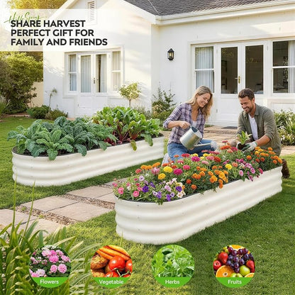 Galvanized Raised Garden Bed 2 Pack, 8x2x1ft Oval Metal Planter Box Outdoor with Support Rods & Corner Protection, Planter Beds for Vegetables, Fruits, Flowers (White)