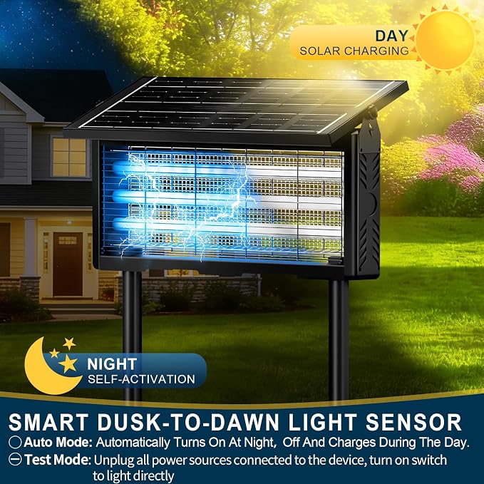 Solar Bug Zapper Outdoor 18W | 9600mAh, 365–395nm UV, Dusk-Dawn Sensor, IPX5 Waterproof, 20ft Cord, Indoor & Outdoor for Home, Patio, Garden, Deck, Camping