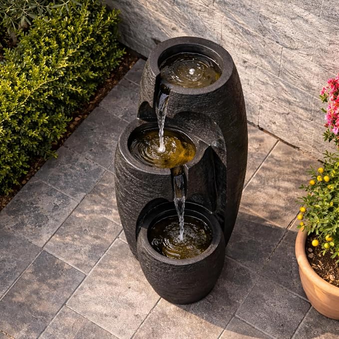Teamson Home 3-Tier Cascading Urn Outdoor Water Fountain, Black | Cool Glow Lighting, Adjustable Flow, Electric Pump
