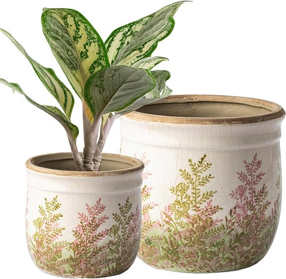SURE YUESI Ceramic Plant Pots Set of 2, 4.7+5.7 Inch Vintage Indoor Planters with Drainage Hole, Farmhouse Ceramic Flower Pots for Indoor Plants, Rustic Cottage Decor for Home Kitchen Garden, Pink