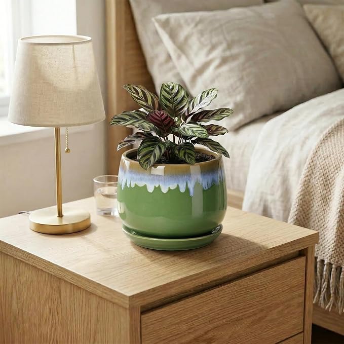 Ceramic Planter 6 Inch - Ceramic Pots for Plants with Drainage and Saucer, Decorative Small Succulent Pots for Indoor Plants, Round Plant Pot, House Decor, House Warming Gifts, Green-Blue