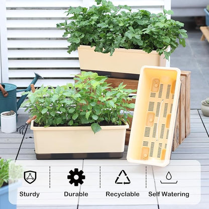 Oliz Window Box Planter 8 Pcs, 17 Inches Rectangle Flower Pots with Drainage Holes & Trays, Vegetable Planters for Windowsill Patio Garden Balcony Home Indoor Outdoor (Barley Yellow, 16 * 7 * 6 inch)