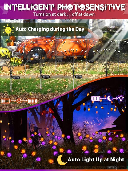 Halloween Decororations Outdoor Solar Firefly Lights 6 Pack Orange Purple | 2 Lighting Modes, Auto On/Off, 48 LED Sway with Wind, Waterproof Halloween Cpreepy Decor for Outside Graveyard Garden Pathway