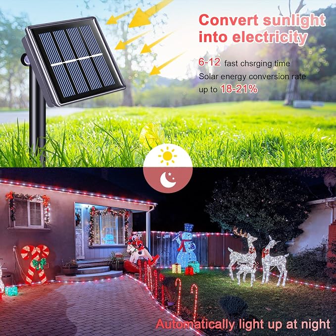 JMEXSUSS 72ft 200 LED Red and White Solar Christmas Rope Lights | IP65 Outdoor Waterproof Christmas Rope Lights with 8 Modes, Solar Christmas Lights for Fence Yard Walkway Christmas