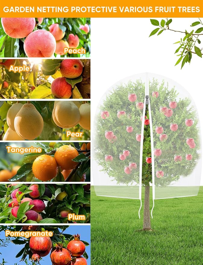 VITI Fruit Tree Netting for Cicadas - with 4Pcs 8Ftx5.3Ft Zipper&Drawstring Protection for Your Fruit Trees Garden Bird Netting Covers Blueberry Bush Tomato Bug Plant Protection Cherry Apple Tree