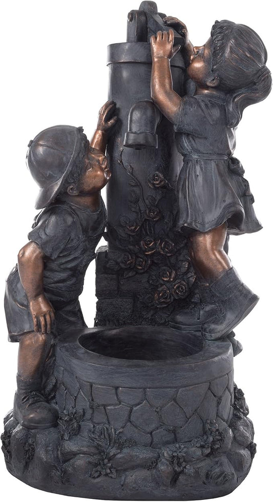 Outdoor Water Fountain with Boy and Girl, Antique Bronze Design and Soothing Sound for Decor on Patio, Lawn and Garden By Pure Garden