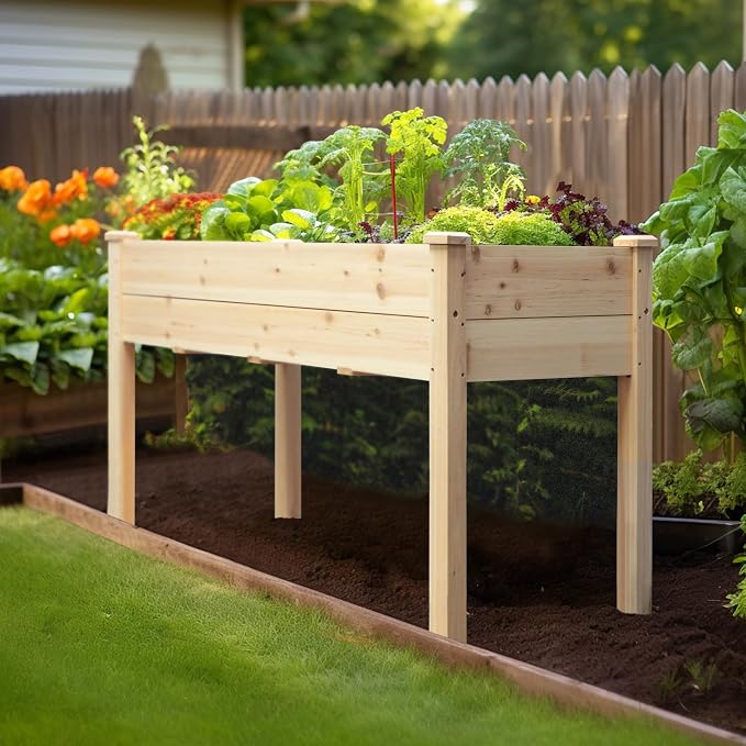 Yardenaler 48x24x30in Raised Garden Bed with Legs, Outdoor Elevated Wood Planted Box with Liner & Drainage Hole for Vegetable Flower, Backyard and Patio, Natural