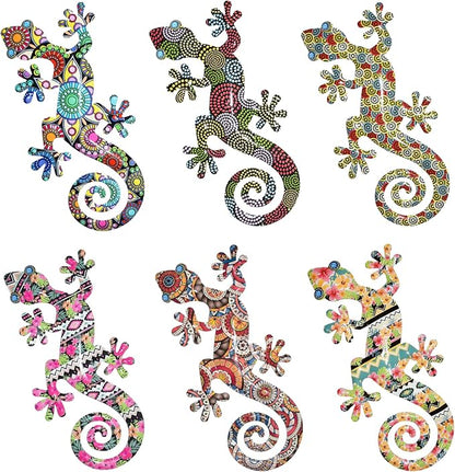 Akulgaci 6 Pack Metal Gecko Wall Art, 8" Colorful Lizard Garden Decorations for Fence Patio Tree Porch, Outdoor Yard Art Wall Hanging Decor, Boho Tropical Mexican Talavera Style