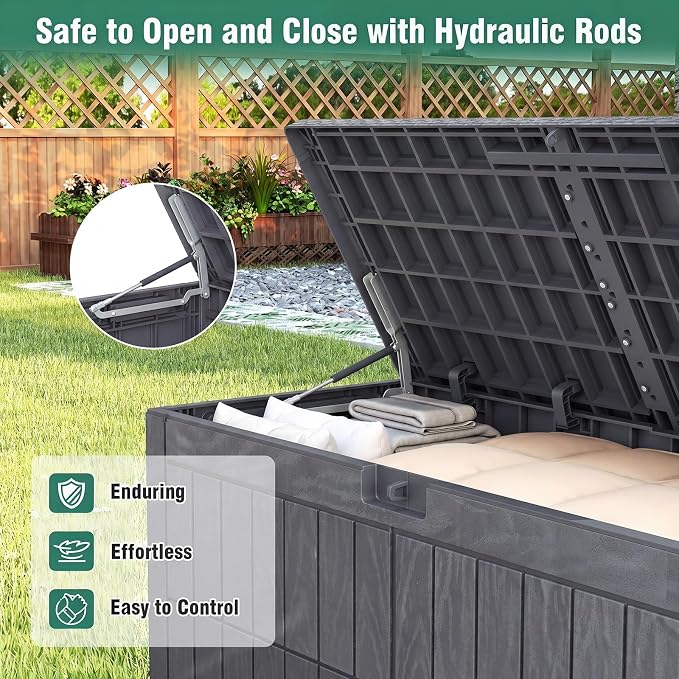 Tangkula 100 Gallon Outdoor Storage Box, Waterproof PP Resin Patio Storage Box with Lockable Lid for Indoor & Outdoor Use, 2-in-1 Rattan Design Deck Box for Cushions, Garden Tools