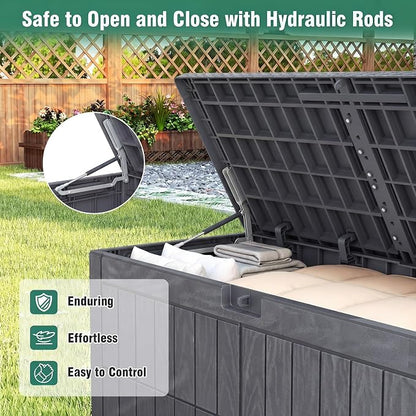 Tangkula 100 Gallon Outdoor Storage Box, Waterproof PP Resin Patio Storage Box with Lockable Lid for Indoor & Outdoor Use, 2-in-1 Rattan Design Deck Box for Cushions, Garden Tools