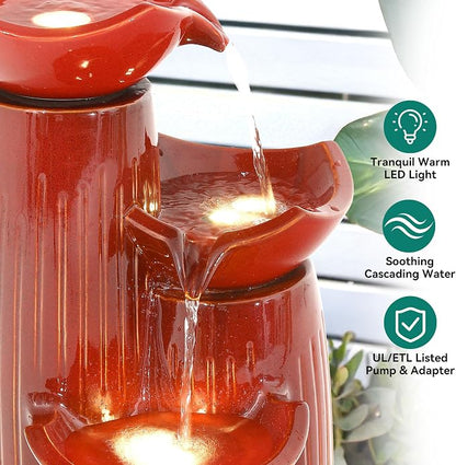 30" H Ceramic Outdoor Water Fountain with LED Lights, 3-Tier Cascading Lotus Bowls Water Feature, Tranquil Waterfall for Relaxing Garden, Patio, Yard, Terracotta Red, Vertical Striped Texture