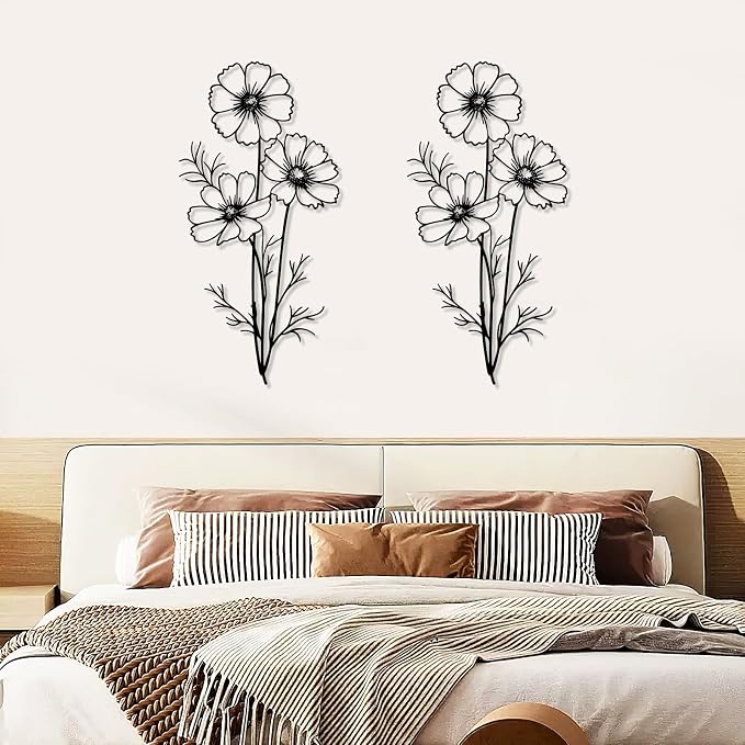 DETENE 2-Pack Black Silhouette Flower Metal Wall Art – Simple Minimalist Modern Decorative Metal Flower Wall Decor for Living Room, Bedroom, Office