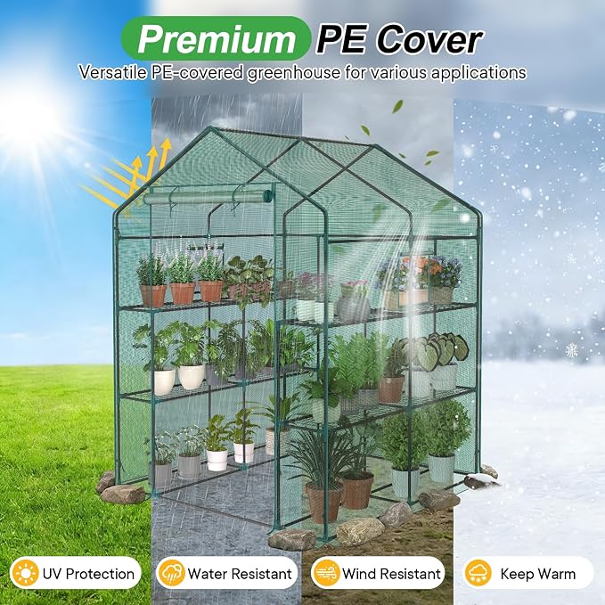 NEWBULIG Outdoor Greenhouse, Walk-in Greenhouse with 2 Tier 8 Plant Shelves, 56"x56"x77" Durable PVC Cover, Portable Greenhouses for Outdoor Garden, Patio, Porch, Backyard Green Houses, Green