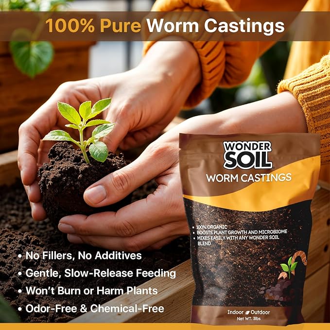 WONDER SOIL | Premium Organic Worm Castings for Plants | 3 lbs (2 Quarts) Bag Natural Soil Amendment for Indoor & Outdoor Plants, Vegetables, Flowers, Gardens | Fertilizer & Compost Enhancer | 3LBS