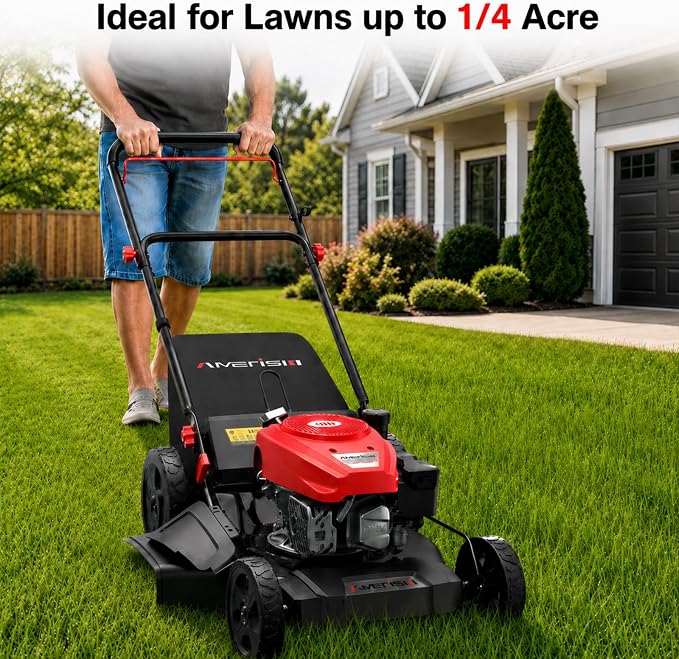 AMERISUN 21-Inch Gas Push Lawn Mower for Large Yard, 144cc 4-Stroke Engine, 6-Position Adjustable Cutting Height, 3-in-1 Mulching, Side Discharge & Rear Bag for Garden Landscaping