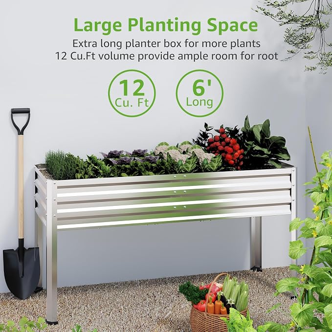 Galvanized Raised Garden Bed with Legs, 72×24×32in Large Metal Elevated Raised Planter Box with Drainage Holes for Backyard, Patio, Balcony, 700lb Capacity