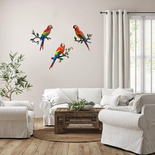 Limygus 3 Pack Colorful Tropical Metal Parrot Wall Art, Indoor Outdoor Hanging Decor for Garden Yard Balcony Bedroom