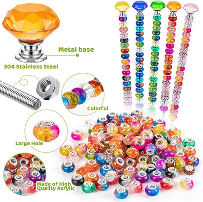 230 Pcs Beaded Garden Stakes DIY Fairy Wand Kit, 12 in | 200 Colorful Assortment Round Large Hole Beads, 10 Crystal Stopper Top, 10 Threaded Rod & 10 Nuts, Outdoor Decoration