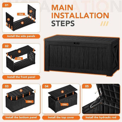 130 Gallon Deck Box Outdoor Indoor Waterproof Storage Box for Patio Furniture, Pool Accessories, Garden Tools, and Cushion Storage, Black