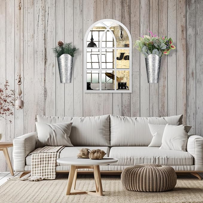 Chunful 3 Pcs Farmhouse Wall Decoration, Includes Self Adhesive Arched Acrylic Mirror and 2 Galvanized Planters, Farmhouse Mirrors with Wooden Frame Metal Tin Vases for Home Bedroom Living Room