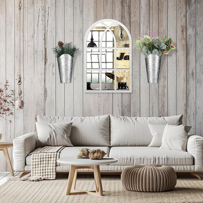 Chunful 3 Pcs Farmhouse Wall Decoration, Includes Self Adhesive Arched Acrylic Mirror and 2 Galvanized Planters, Farmhouse Mirrors with Wooden Frame Metal Tin Vases for Home Bedroom Living Room