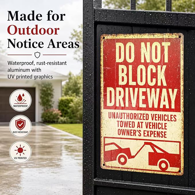 Do Not Block Driveway Tin Sign, 12 x 8 Inch Unauthorized Vehicles Aluminum Metal Wall Decor, Vintage Towing-Style Notice for Garage, Gate, Fence