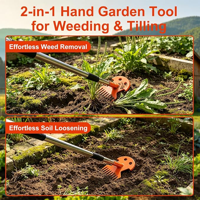 Weed Puller Tool with Long Handle, Upgraded Garden Weed Pulling Tool, Dual Purpose 9-Tine Weed Remover Tool, Uprooting Weeding Tool for Vegetable Gardening, Backyard Farm Planting